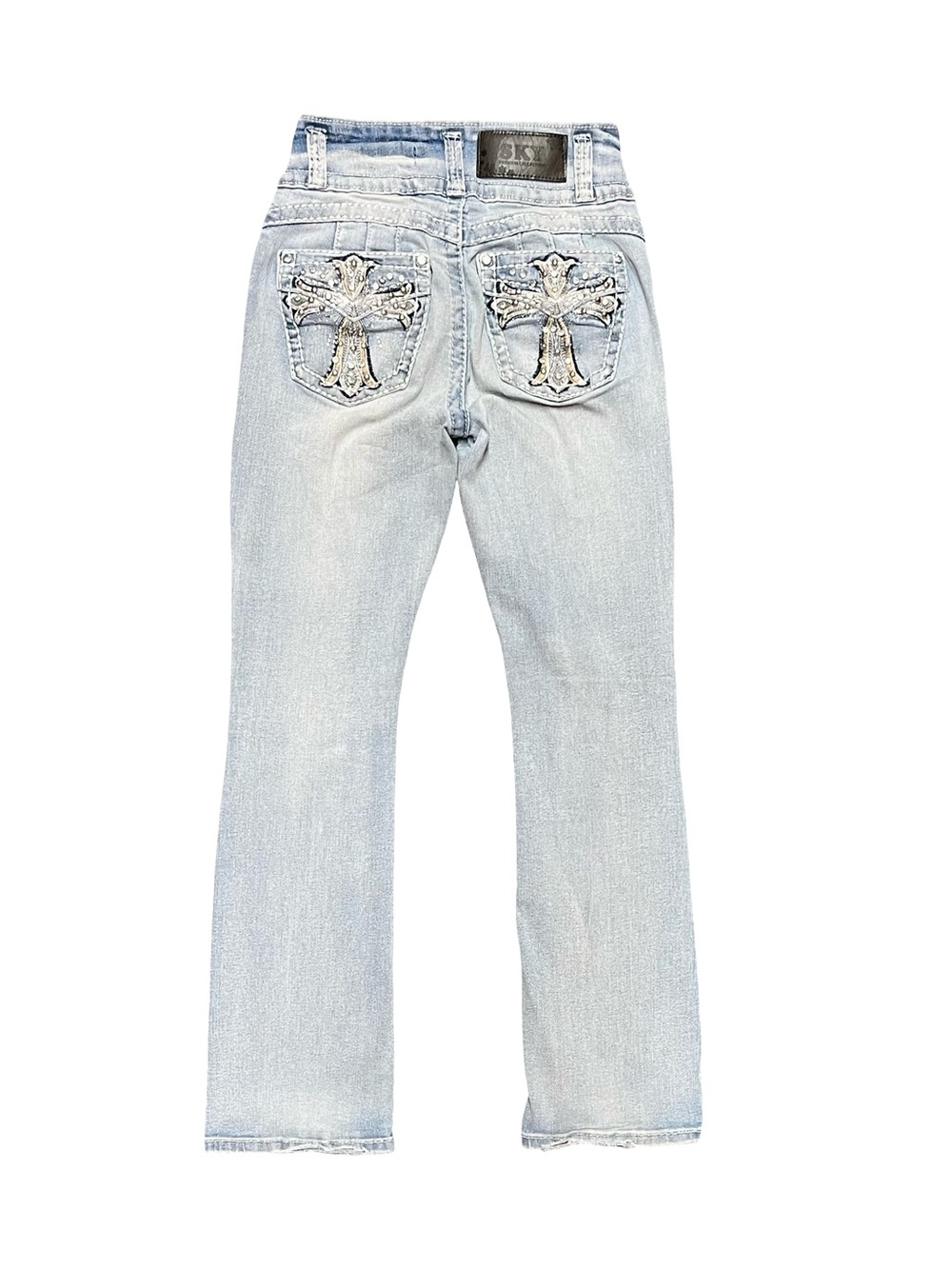 SKY Light Wash Embellished Cross Back Pocket Bootcut Jeans Women’s Size 4 Denim